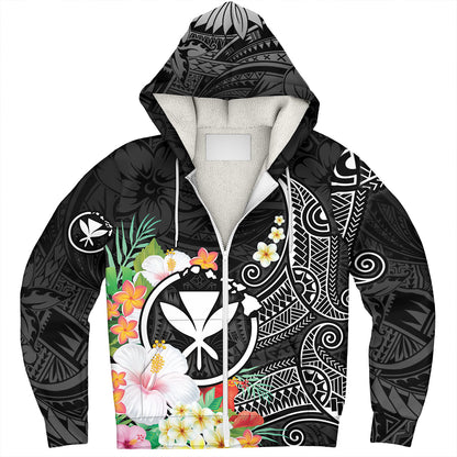 Hawaii Sherpa Hoodie Custom Polynesian Curve Pattern Design With Tropical Floral Collection