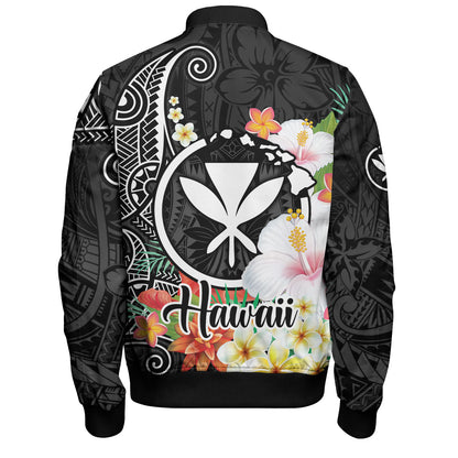 Hawaii Bomber Jacket Custom Polynesian Curve Pattern Design With Tropical Floral Collection