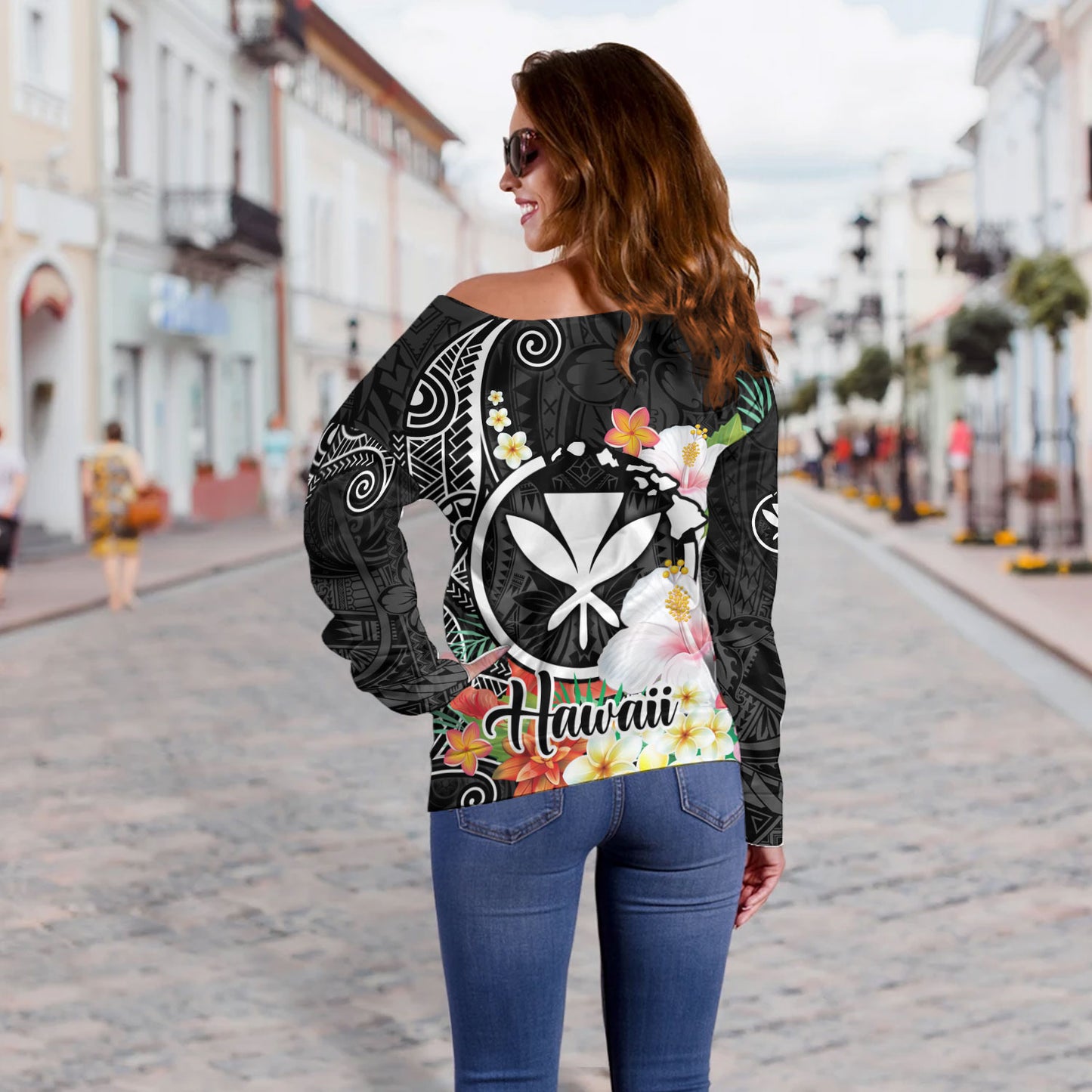 Hawaii Off Shoulder Sweatshirt Custom Polynesian Curve Pattern Design With Tropical Floral Collection