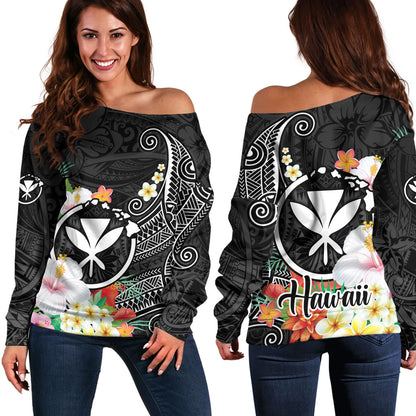 Hawaii Off Shoulder Sweatshirt Custom Polynesian Curve Pattern Design With Tropical Floral Collection