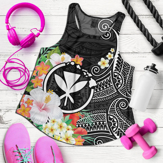 Hawaii Women Tank Custom Polynesian Curve Pattern Design With Tropical Floral Collection