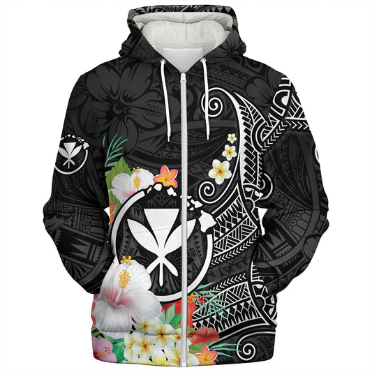 Hawaii Sherpa Hoodie Custom Polynesian Curve Pattern Design With Tropical Floral Collection