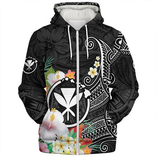 Hawaii Sherpa Hoodie Custom Polynesian Curve Pattern Design With Tropical Floral Collection
