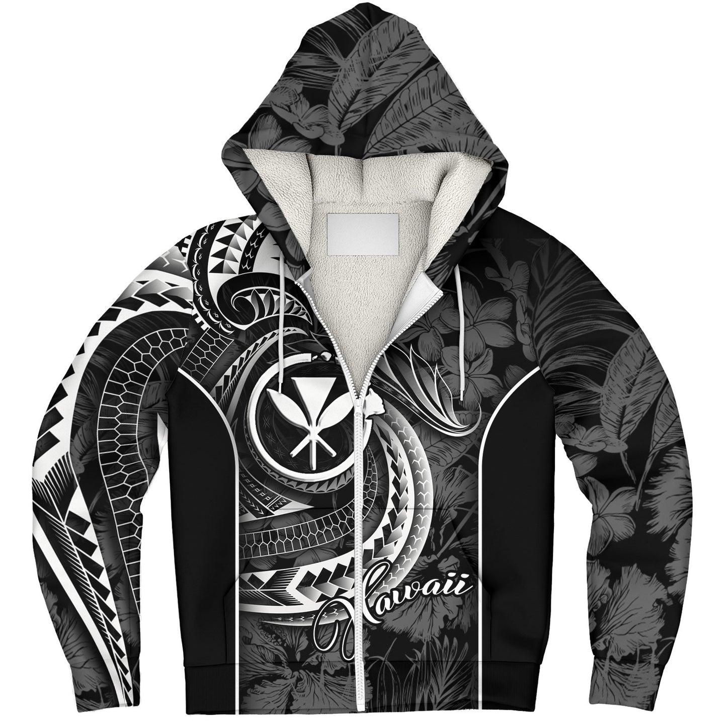 Hawaii Custom Personalised Sherpa Hoodie Polynesian Patterns Tropical Flowers Curve Style