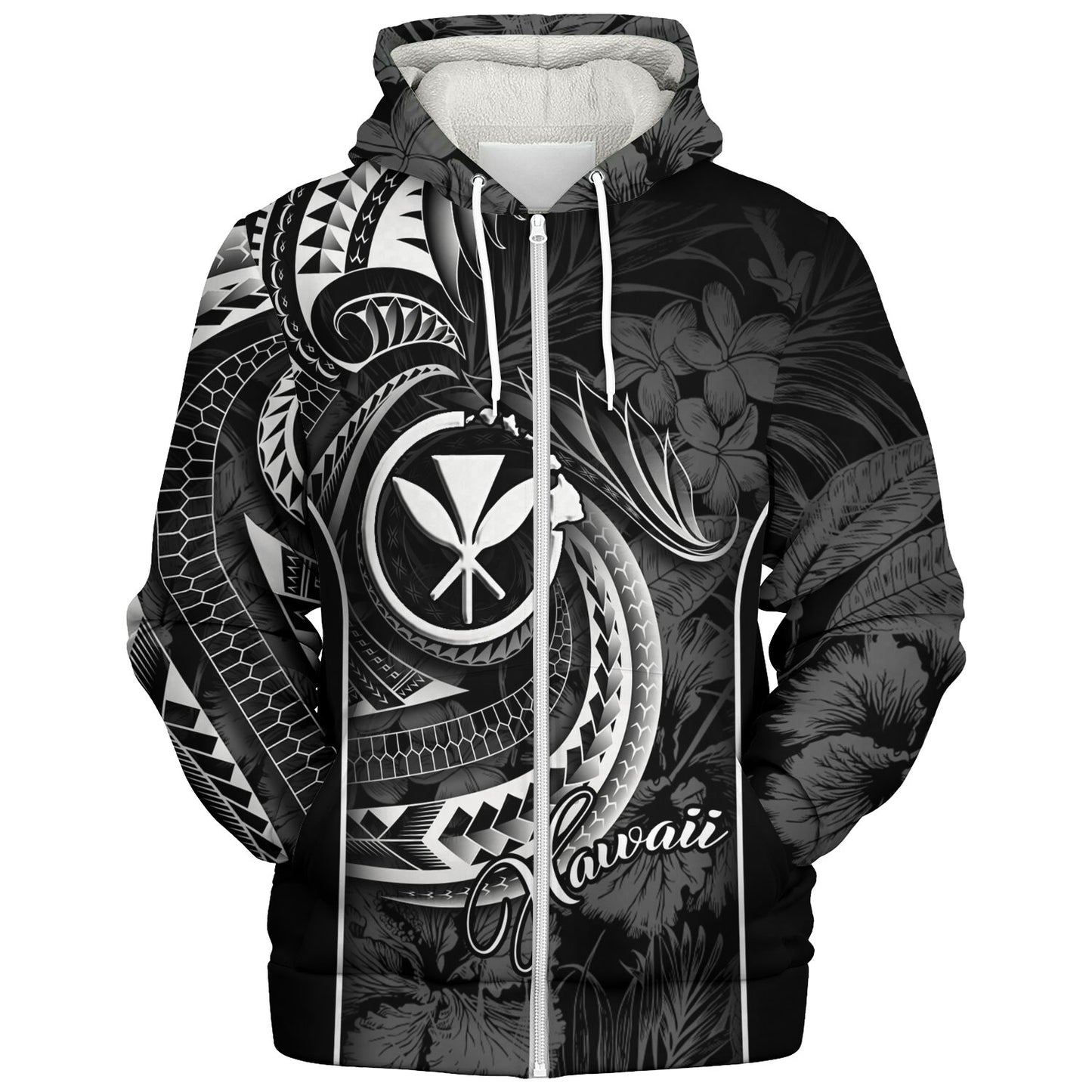Hawaii Custom Personalised Sherpa Hoodie Polynesian Patterns Tropical Flowers Curve Style