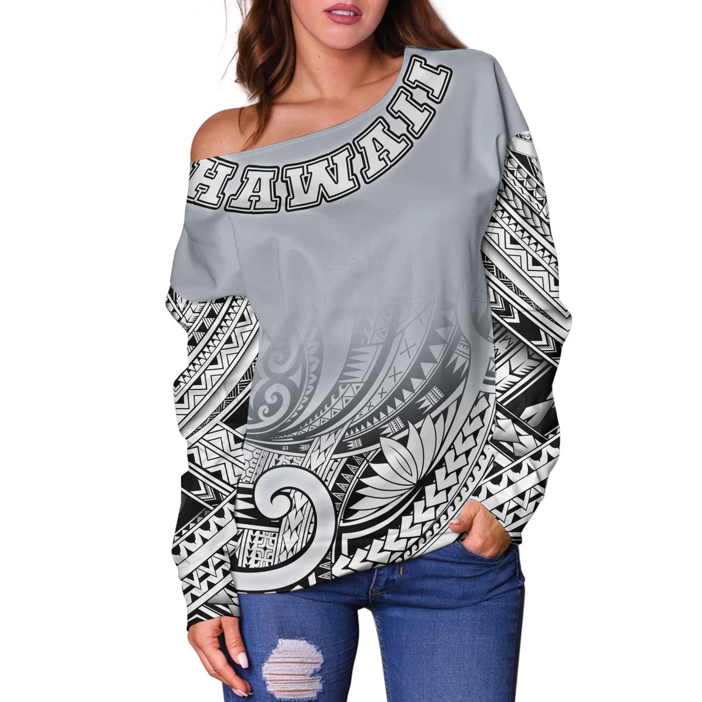 Hawaii Custom Personalised Off Shoulder Sweatshirt Polynesian Style Tattoo Design