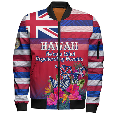 Hawaii Bomber Jacket Regenerating Oceania Hawaii Flag With Traditional Patterns