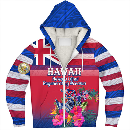 Hawaii Sherpa Hoodie Regenerating Oceania Hawaii Flag With Traditional Patterns