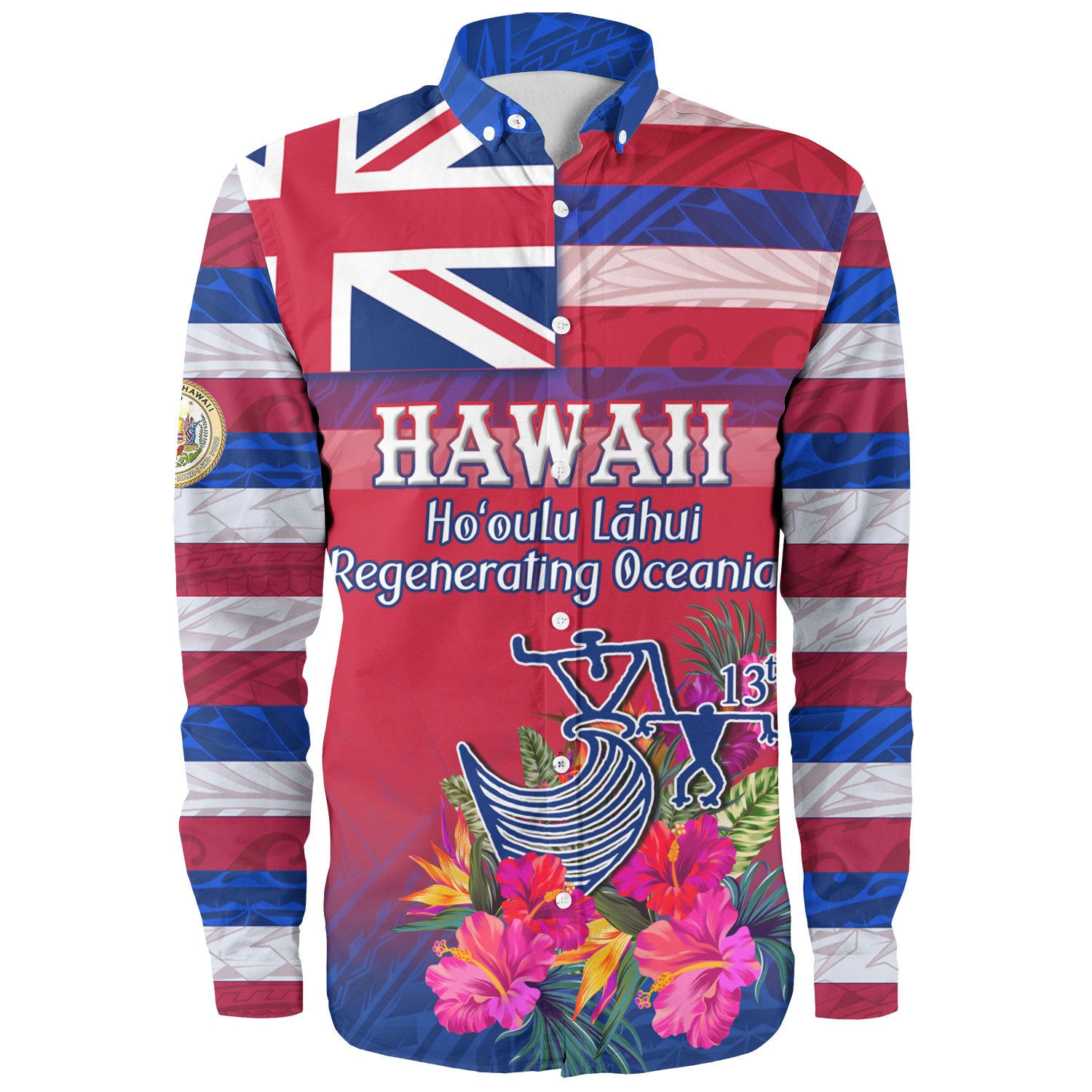 Hawaii Long Sleeve Shirt Regenerating Oceania Hawaii Flag With Traditional Patterns