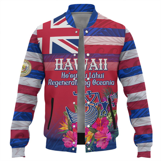 Hawaii Baseball Jacket Regenerating Oceania Hawaii Flag With Traditional Patterns