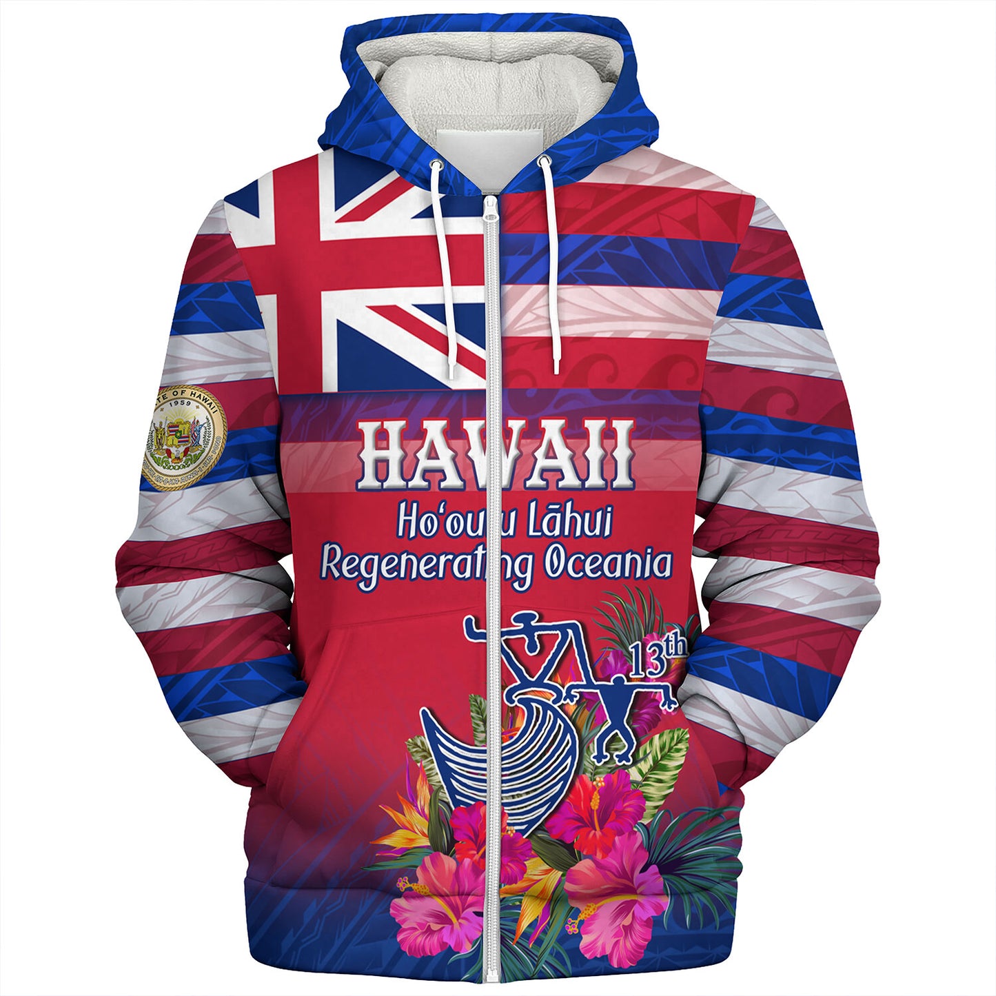 Hawaii Sherpa Hoodie Regenerating Oceania Hawaii Flag With Traditional Patterns