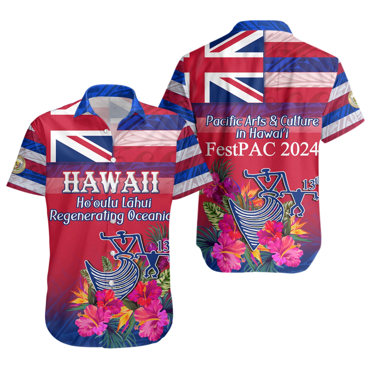 Hawaii Short Sleeve Shirt Regenerating Oceania Hawaii Flag With Traditional Patterns