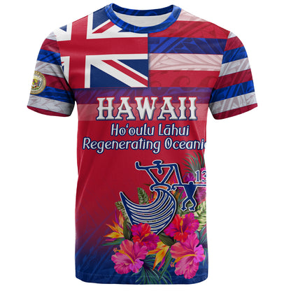 Hawaii T-Shirt Regenerating Oceania Hawaii Flag With Traditional Patterns