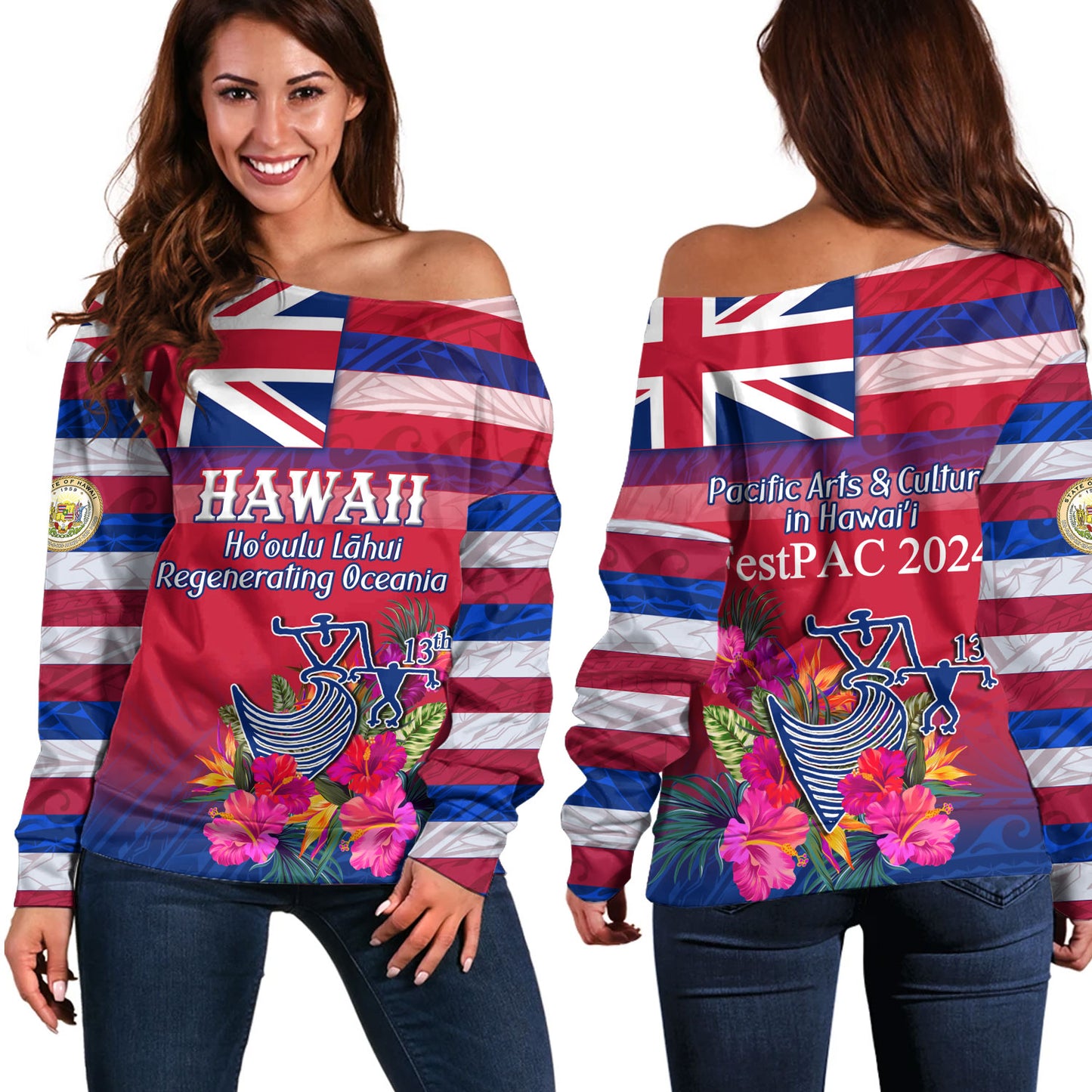 Hawaii Off Shoulder Sweatshirt Regenerating Oceania Hawaii Flag With Traditional Patterns