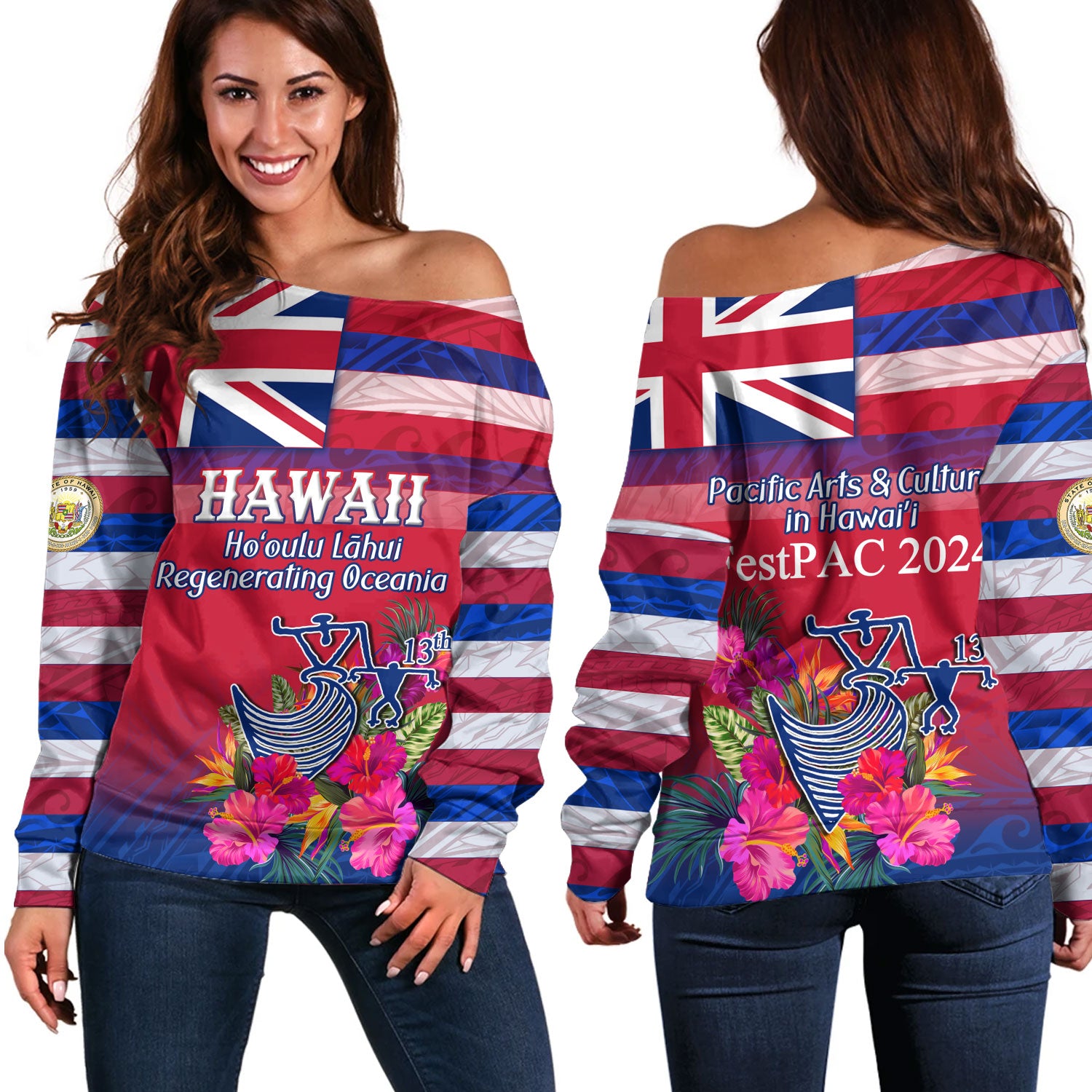 Hawaii Off Shoulder Sweatshirt Regenerating Oceania Hawaii Flag With Traditional Patterns