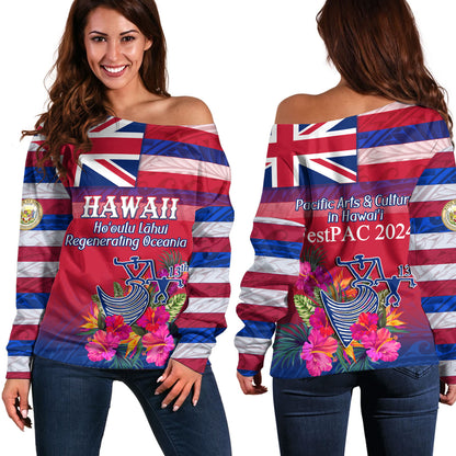 Hawaii Off Shoulder Sweatshirt Regenerating Oceania Hawaii Flag With Traditional Patterns