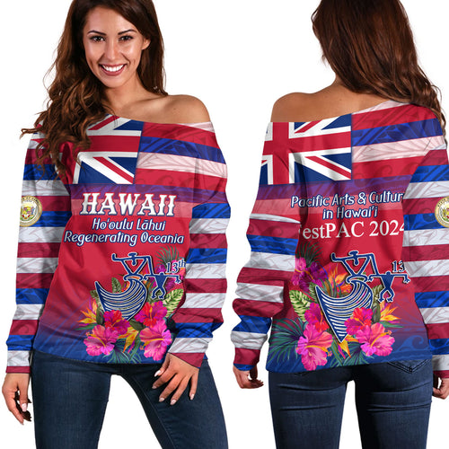 Hawaii Off Shoulder Sweatshirt Regenerating Oceania Hawaii Flag With Traditional Patterns