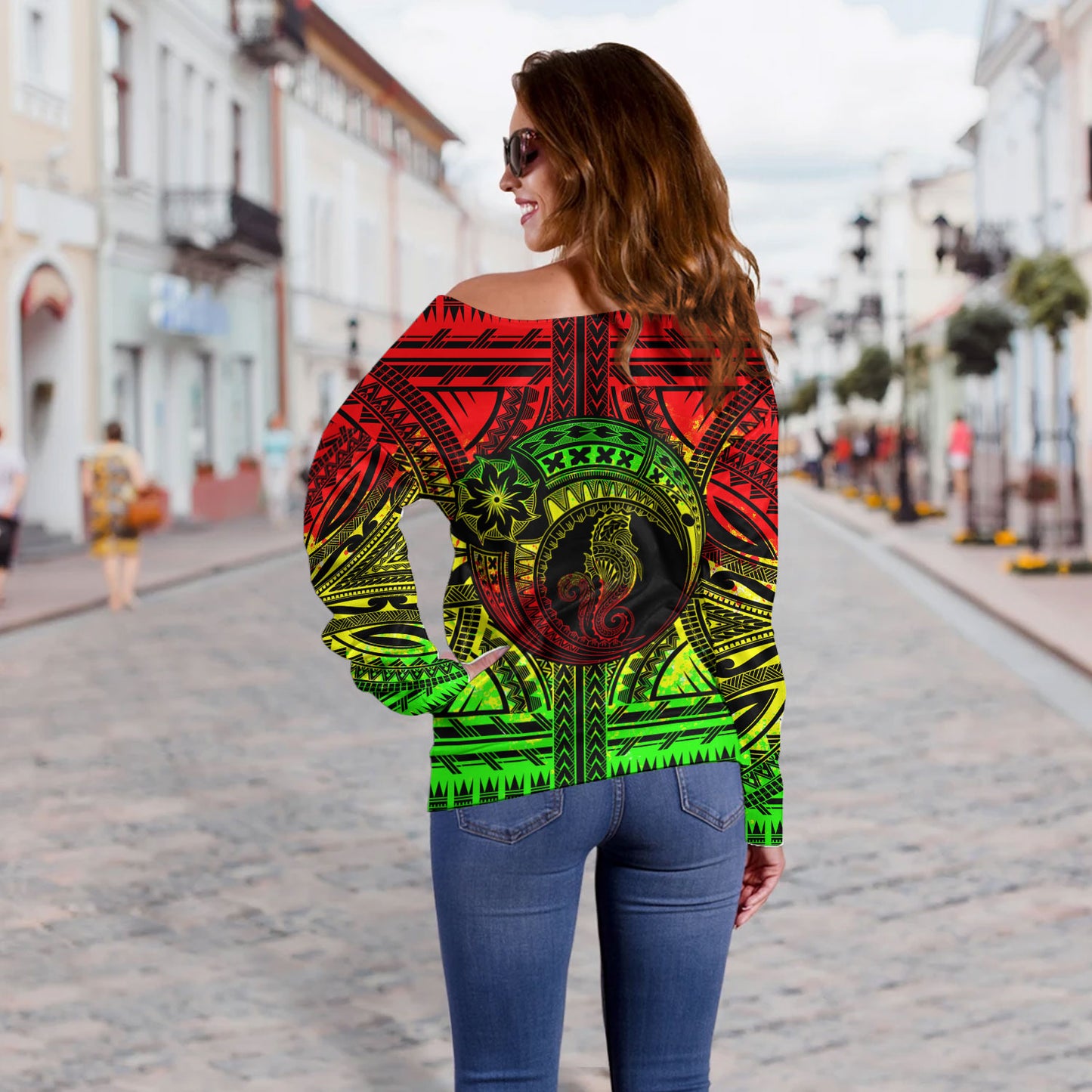 Hawaii Off Shoulder Sweatshirt Custom Seahorse Polynesian Tattoo Reggae