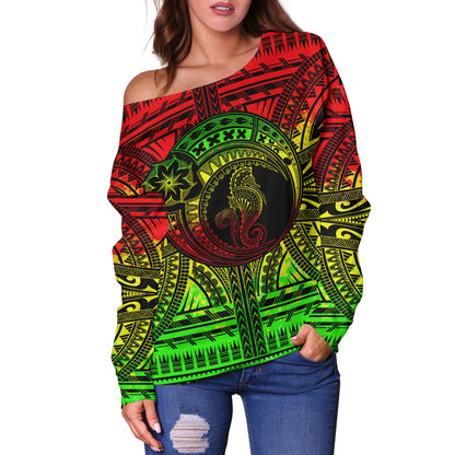 Hawaii Off Shoulder Sweatshirt Custom Seahorse Polynesian Tattoo Reggae