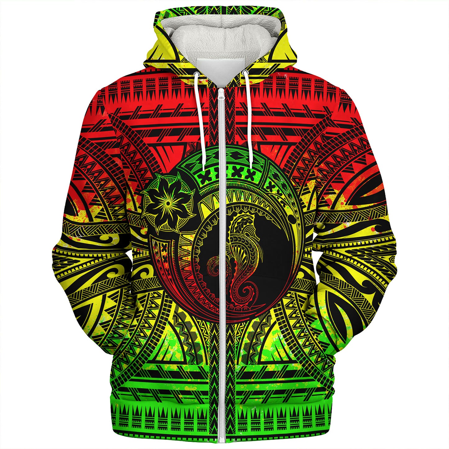 Hawaii Sherpa Hoodie Custom Seahorse Polynesian Tattoo Reggae
