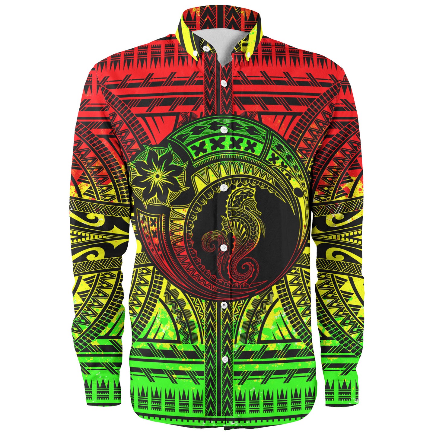 Hawaii Long Sleeve Shirt Custom Seahorse Polynesian Tattoo Reggae