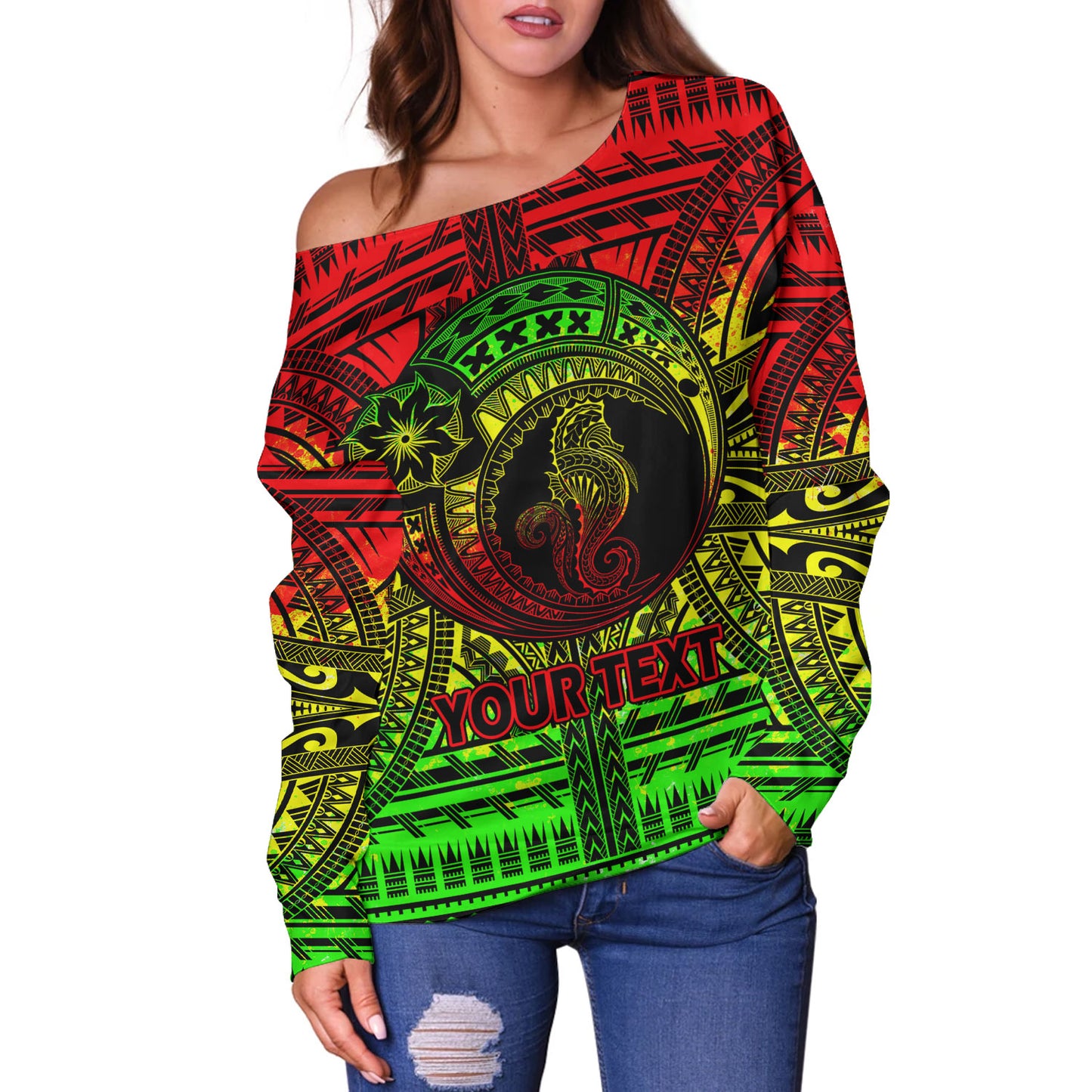 Hawaii Off Shoulder Sweatshirt Custom Seahorse Polynesian Tattoo Reggae