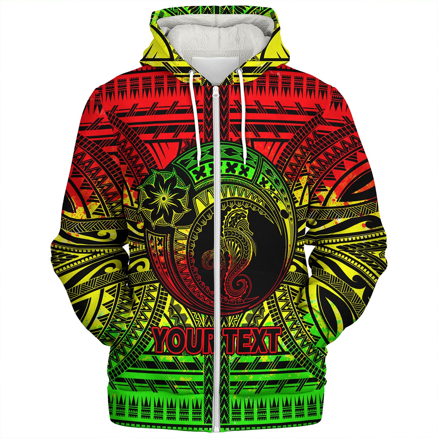 Hawaii Sherpa Hoodie Custom Seahorse Polynesian Tattoo Reggae