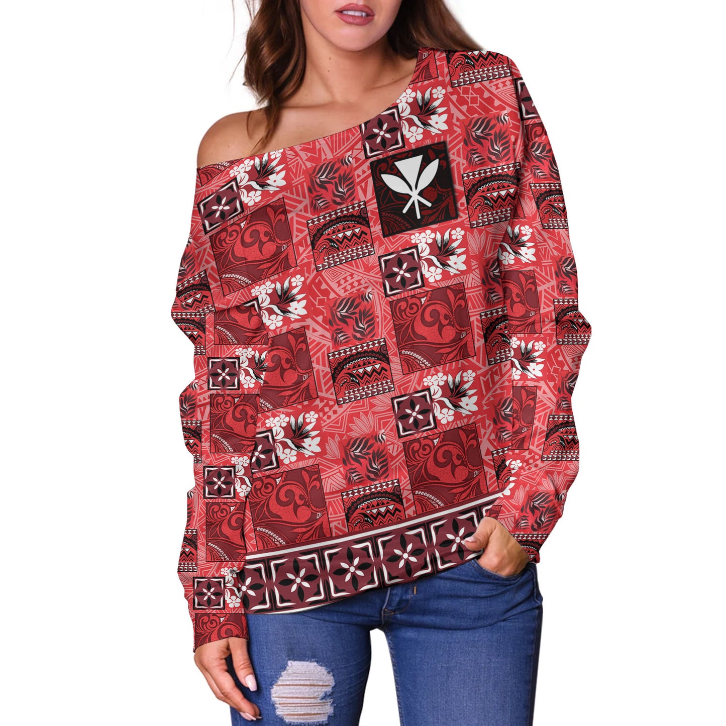 Hawaii Off Shoulder Sweatshirt Traditional Hawaiian Floral Designs