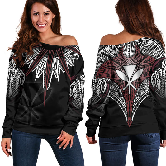 Hawaii Custom Personalised Off Shoulder Sweatshirt Tribal Patterns Manta Ray Tatau Style