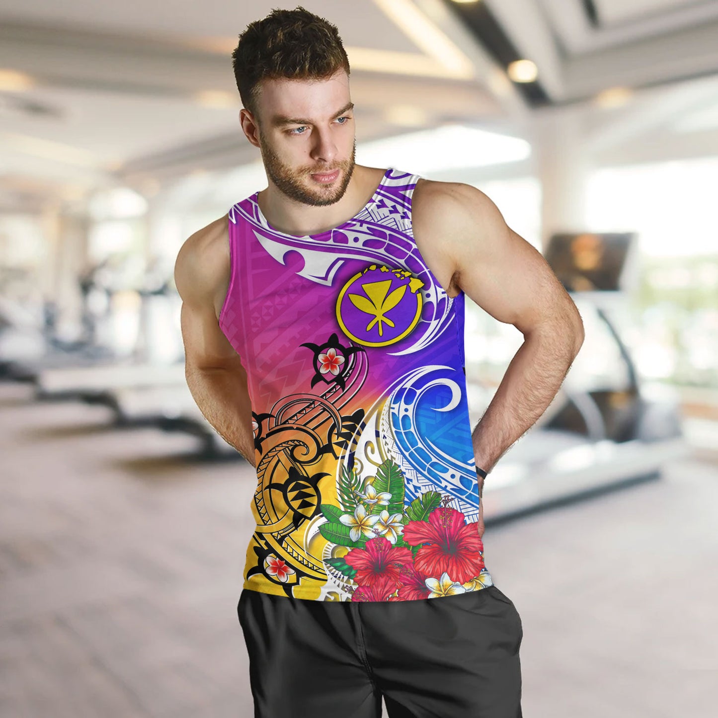 Hawaii Tank Top Turtle Polynesian Tribal Tropical Flowers