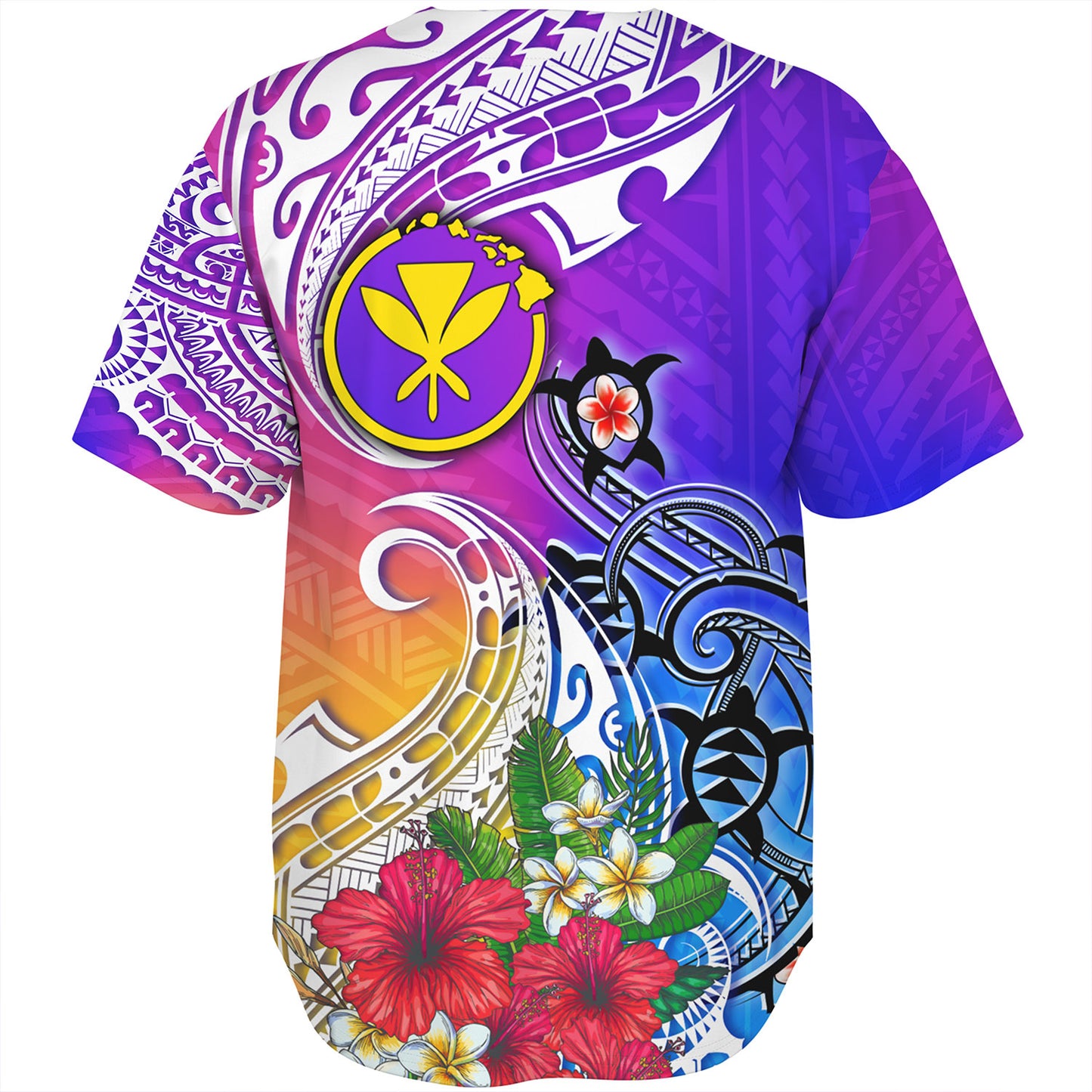 Hawaii Baseball Shirt Turtle Polynesian Tribal Tropical Flowers