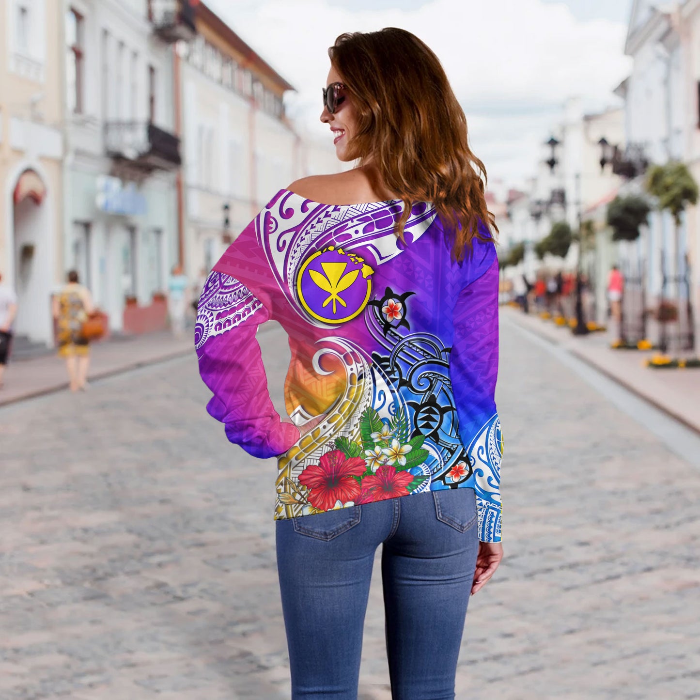 Hawaii Off Shoulder Sweatshirt Turtle Polynesian Tribal Tropical Flowers