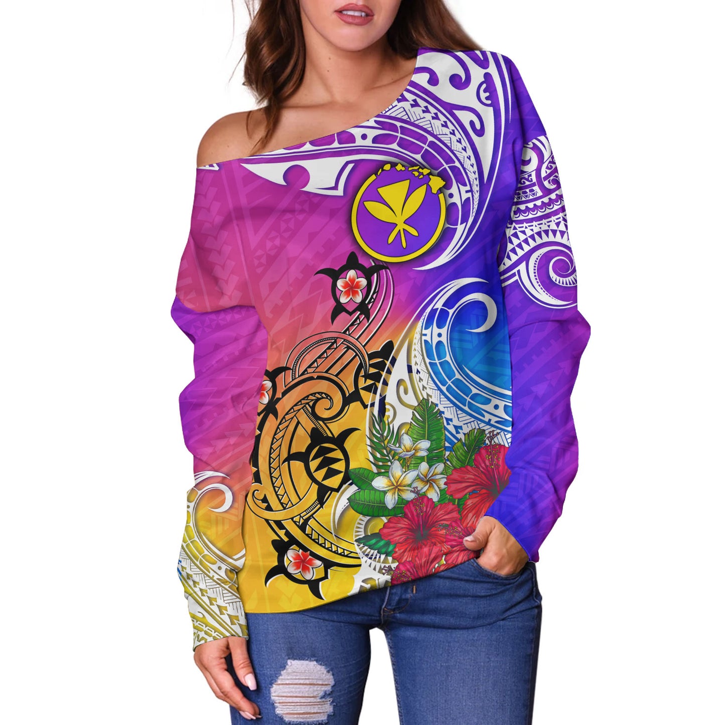 Hawaii Off Shoulder Sweatshirt Turtle Polynesian Tribal Tropical Flowers