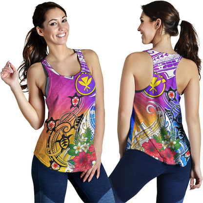 Hawaii Women Tank Turtle Polynesian Tribal Tropical Flowers