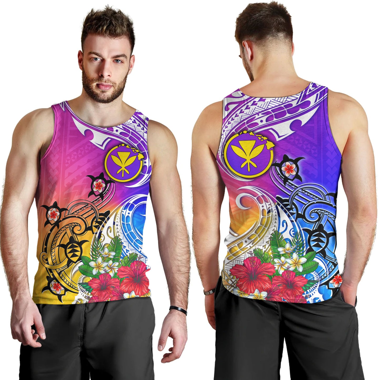Hawaii Tank Top Turtle Polynesian Tribal Tropical Flowers