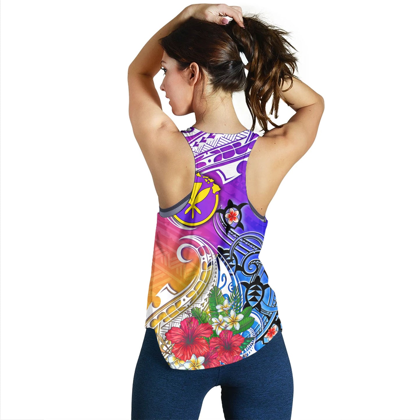 Hawaii Women Tank Turtle Polynesian Tribal Tropical Flowers
