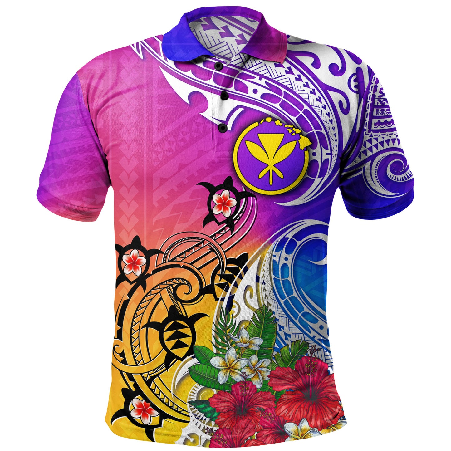 Hawaii Polo Shirt Turtle Polynesian Tribal Tropical Flowers
