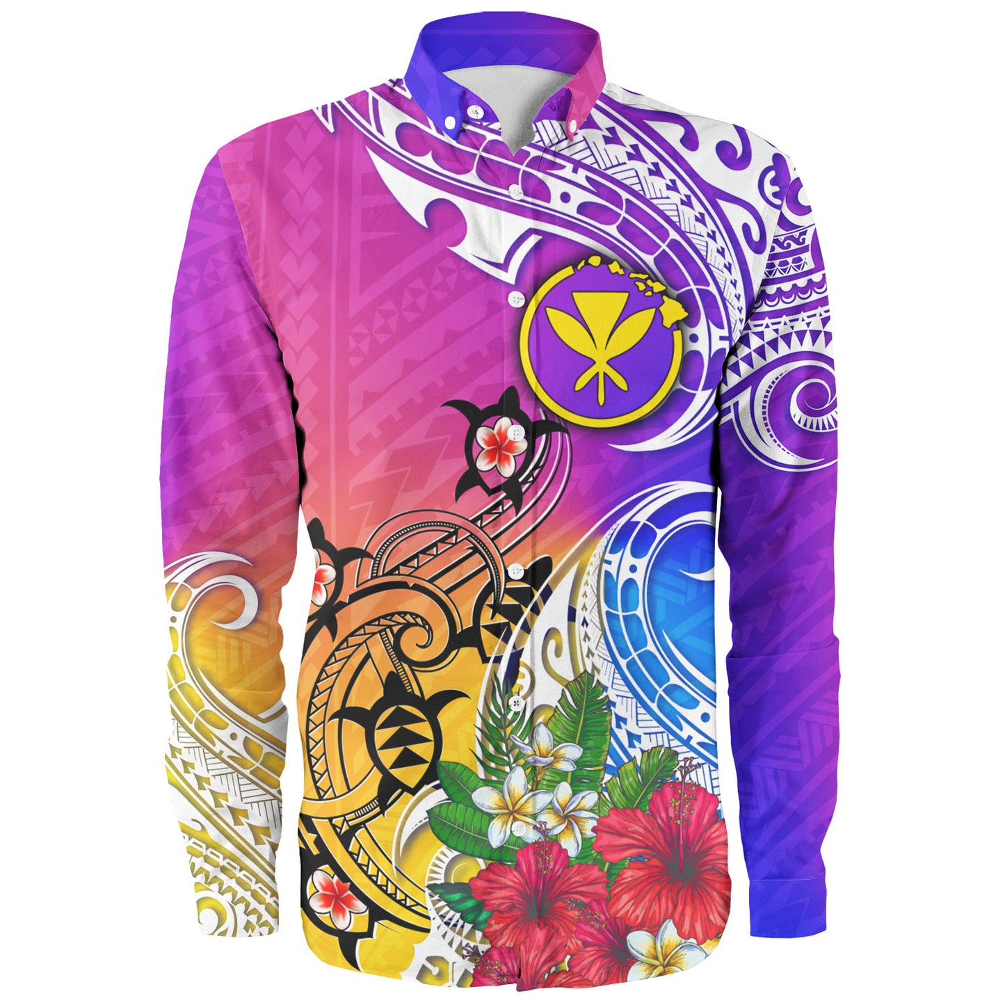 Hawaii Long Sleeve Shirt Turtle Polynesian Tribal Tropical Flowers