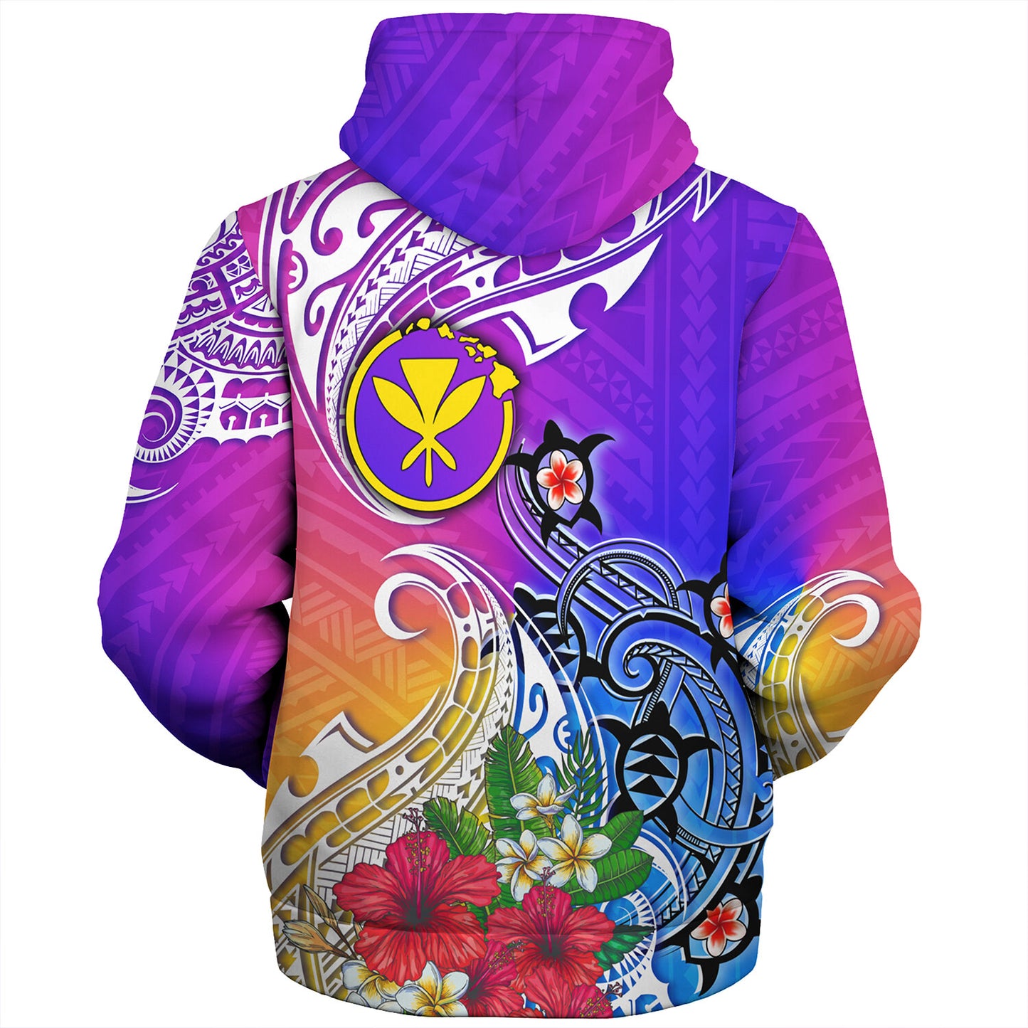 Hawaii Sherpa Hoodie Turtle Polynesian Tribal Tropical Flowers