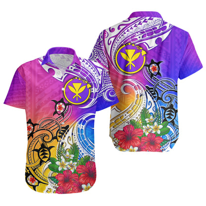 Hawaii Short Sleeve Shirt Turtle Polynesian Tribal Tropical Flowers