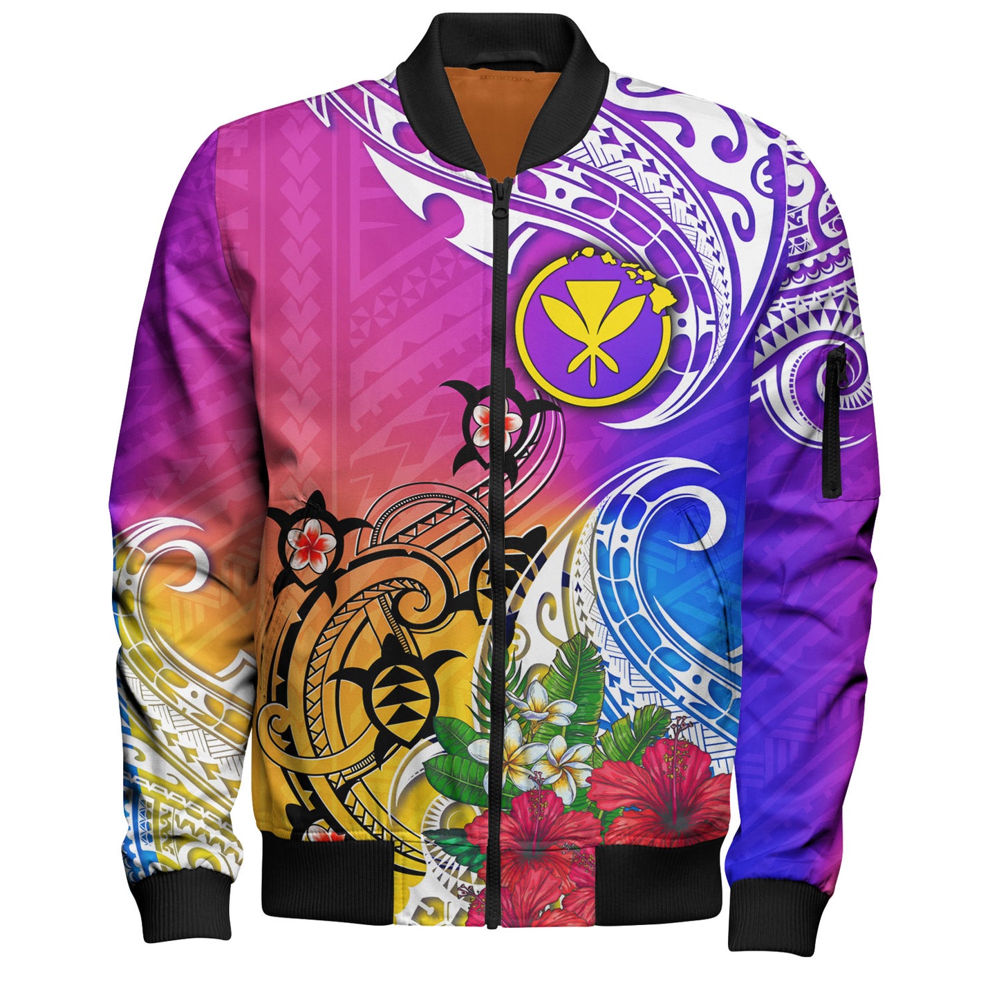 Hawaii Bomber Jacket Turtle Polynesian Tribal Tropical Flowers