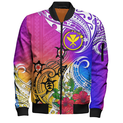 Hawaii Bomber Jacket Turtle Polynesian Tribal Tropical Flowers