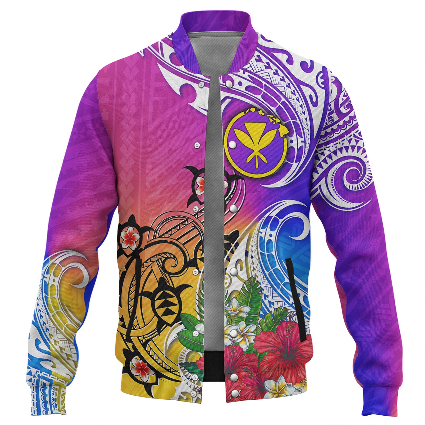 Hawaii Baseball Jacket Turtle Polynesian Tribal Tropical Flowers