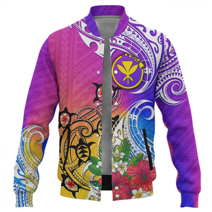Hawaii Baseball Jacket Turtle Polynesian Tribal Tropical Flowers