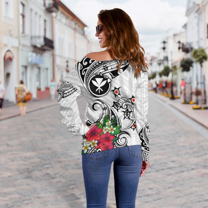 Hawaii Off Shoulder Sweatshirt Turtle Polynesian Tribal Tropical Flowers