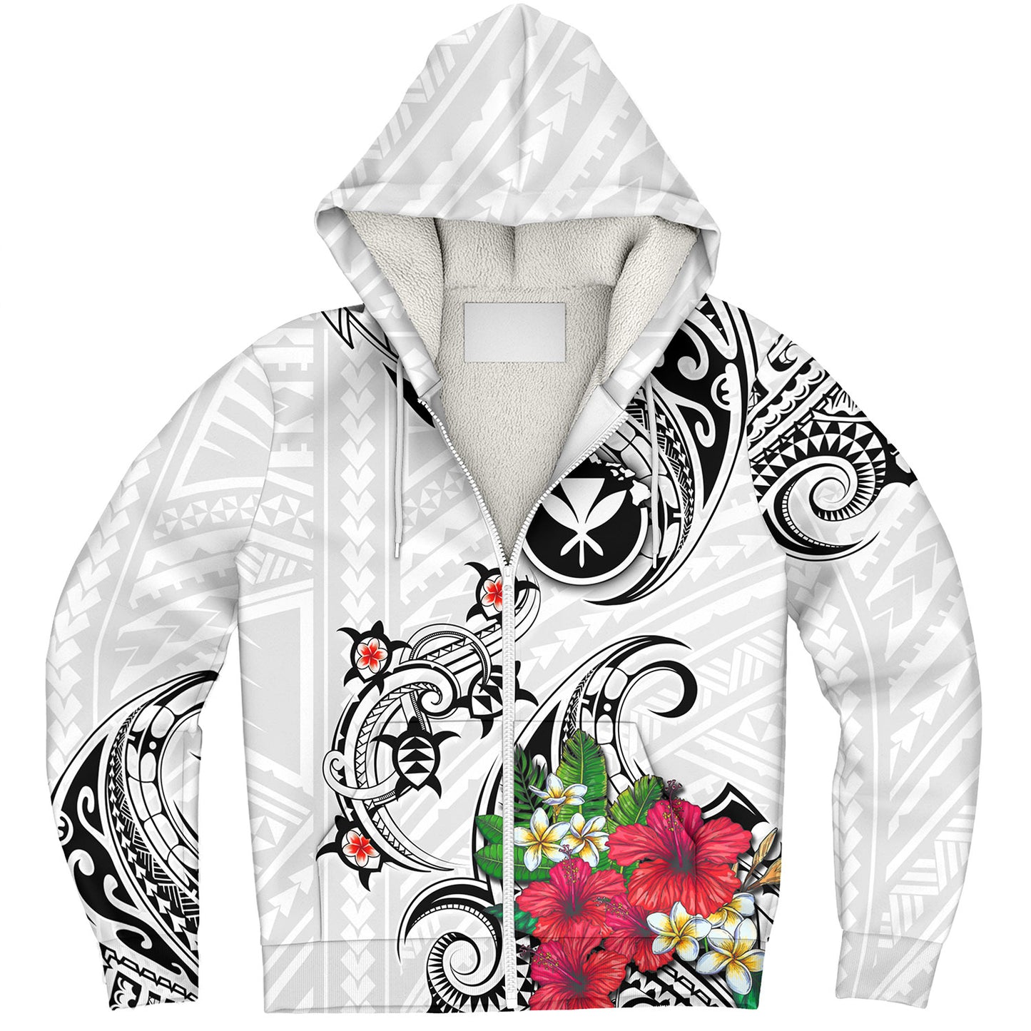 Hawaii Sherpa Hoodie Turtle Polynesian Tribal Tropical Flowers
