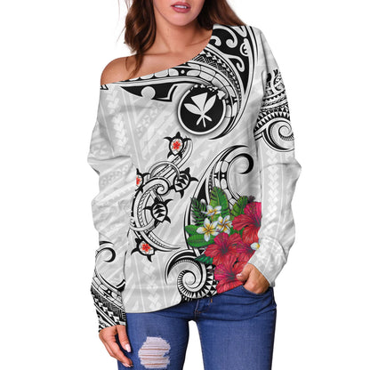 Hawaii Off Shoulder Sweatshirt Turtle Polynesian Tribal Tropical Flowers