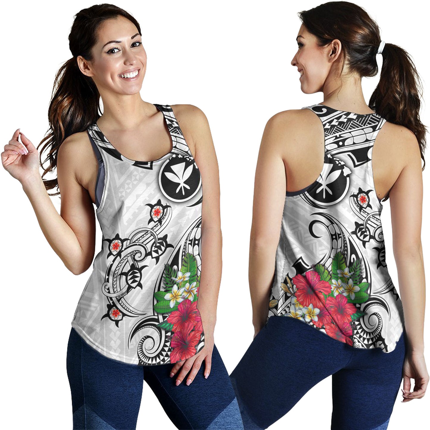 Hawaii Women Tank Turtle Polynesian Tribal Tropical Flowers
