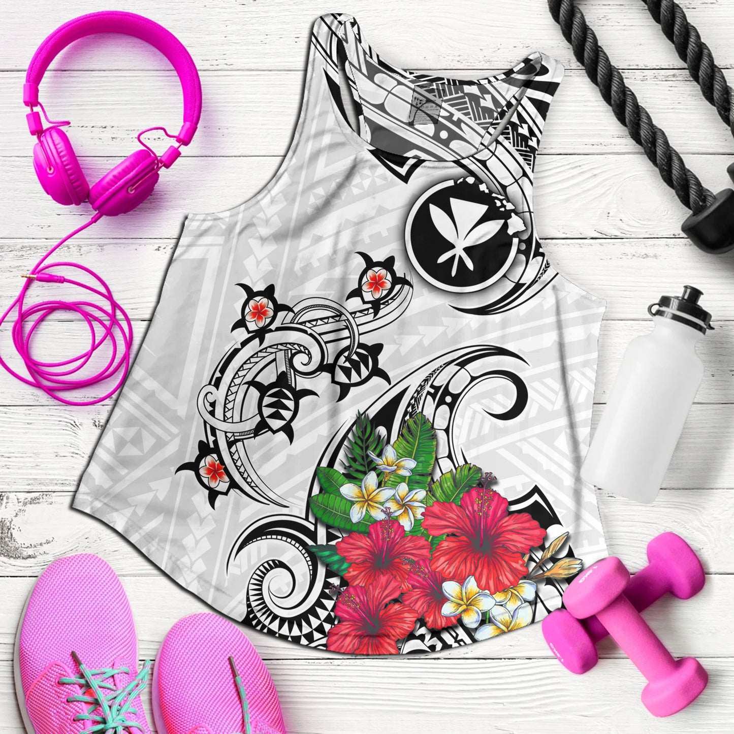 Hawaii Women Tank Turtle Polynesian Tribal Tropical Flowers