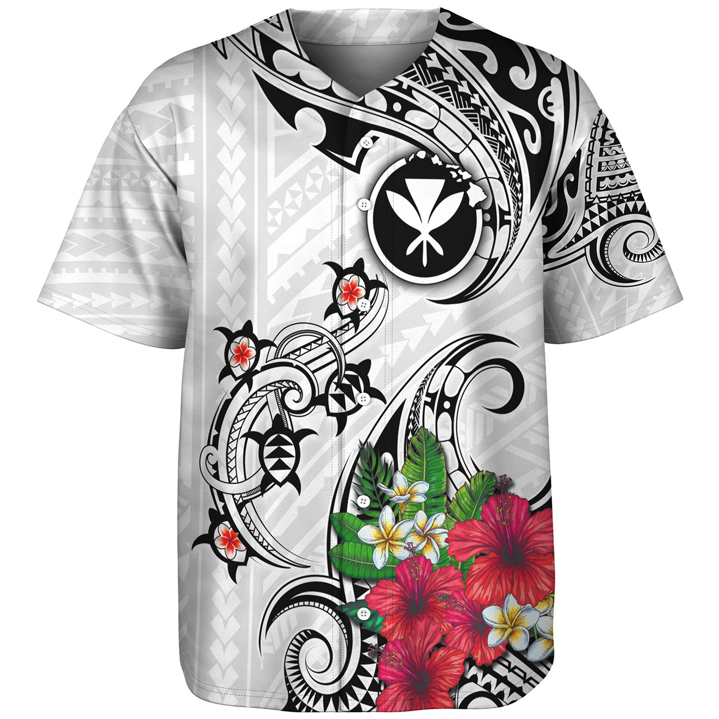 Hawaii Baseball Shirt Turtle Polynesian Tribal Tropical Flowers